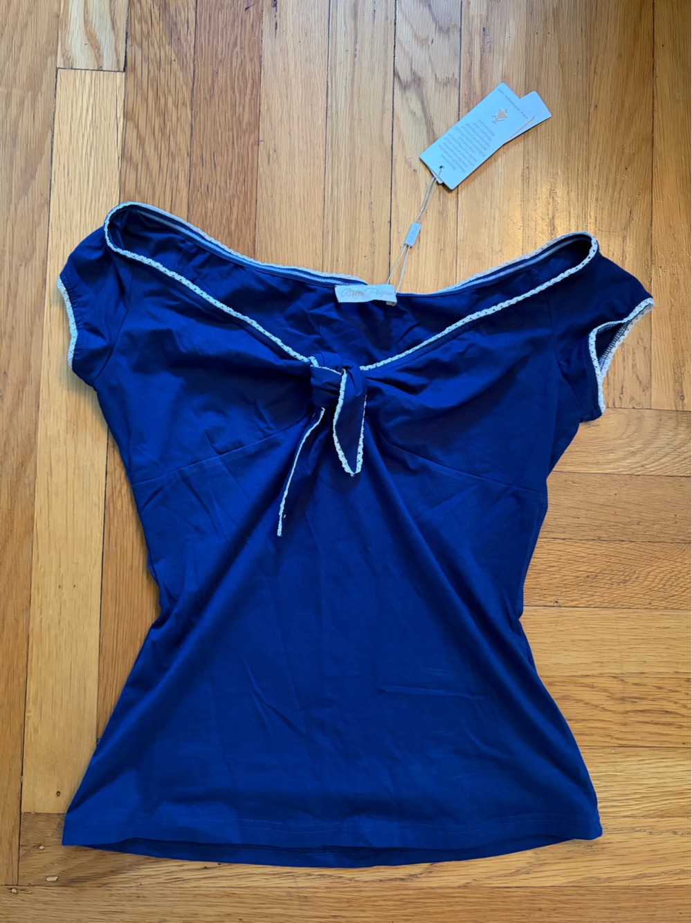 Cap Sleeve Navy Blue Tie-Front Blouse by